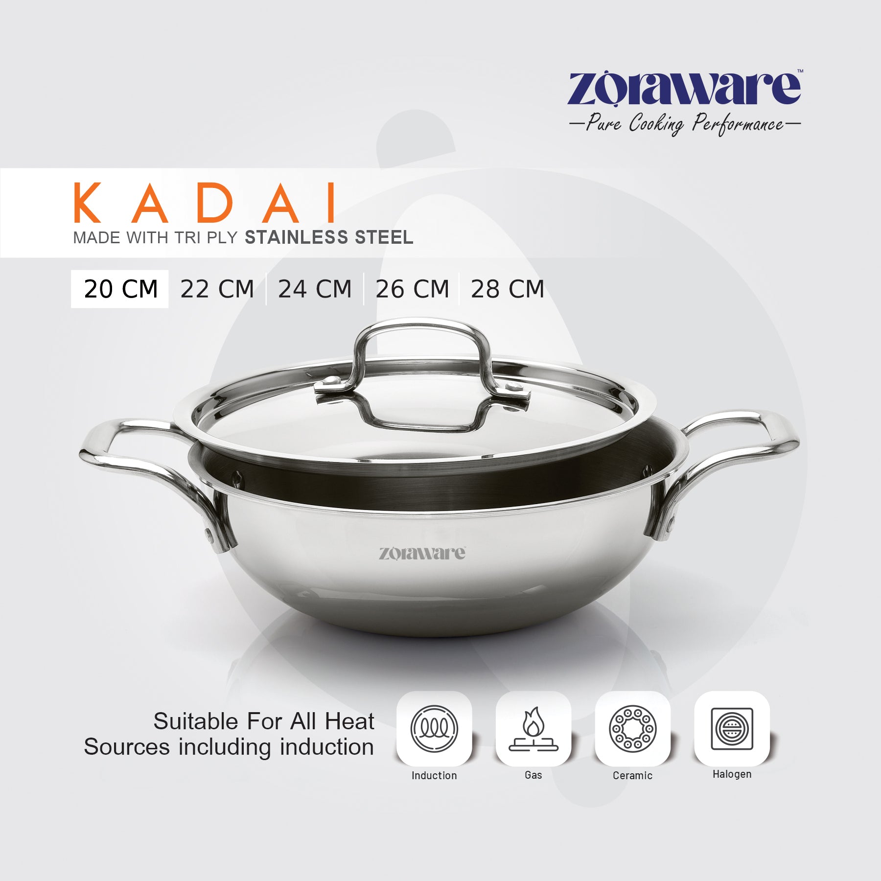 Triply Stainless Steel Kadai, Works on Induction & Gas, 5-Year Warranty