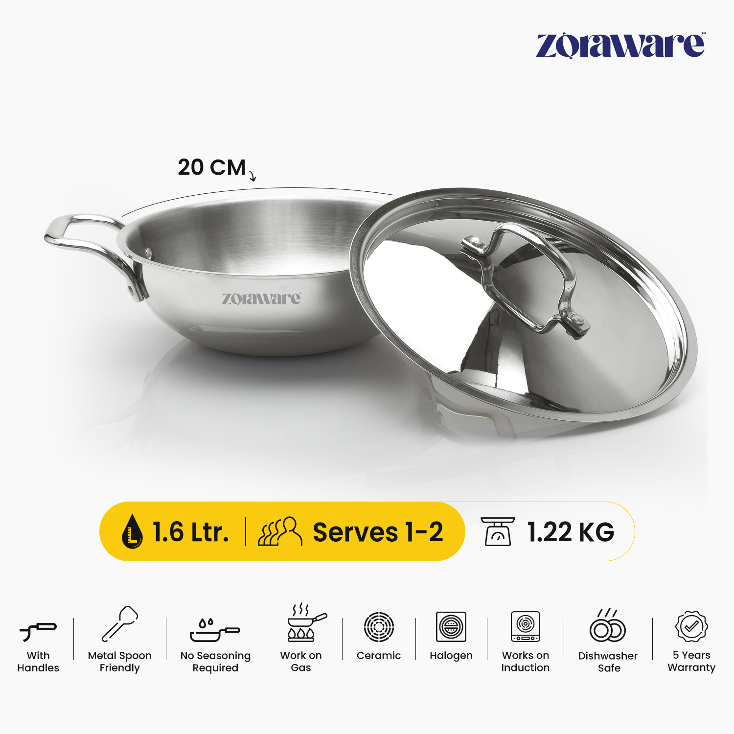 Triply Stainless Steel Kadai, Works on Induction & Gas, 5-Year Warranty