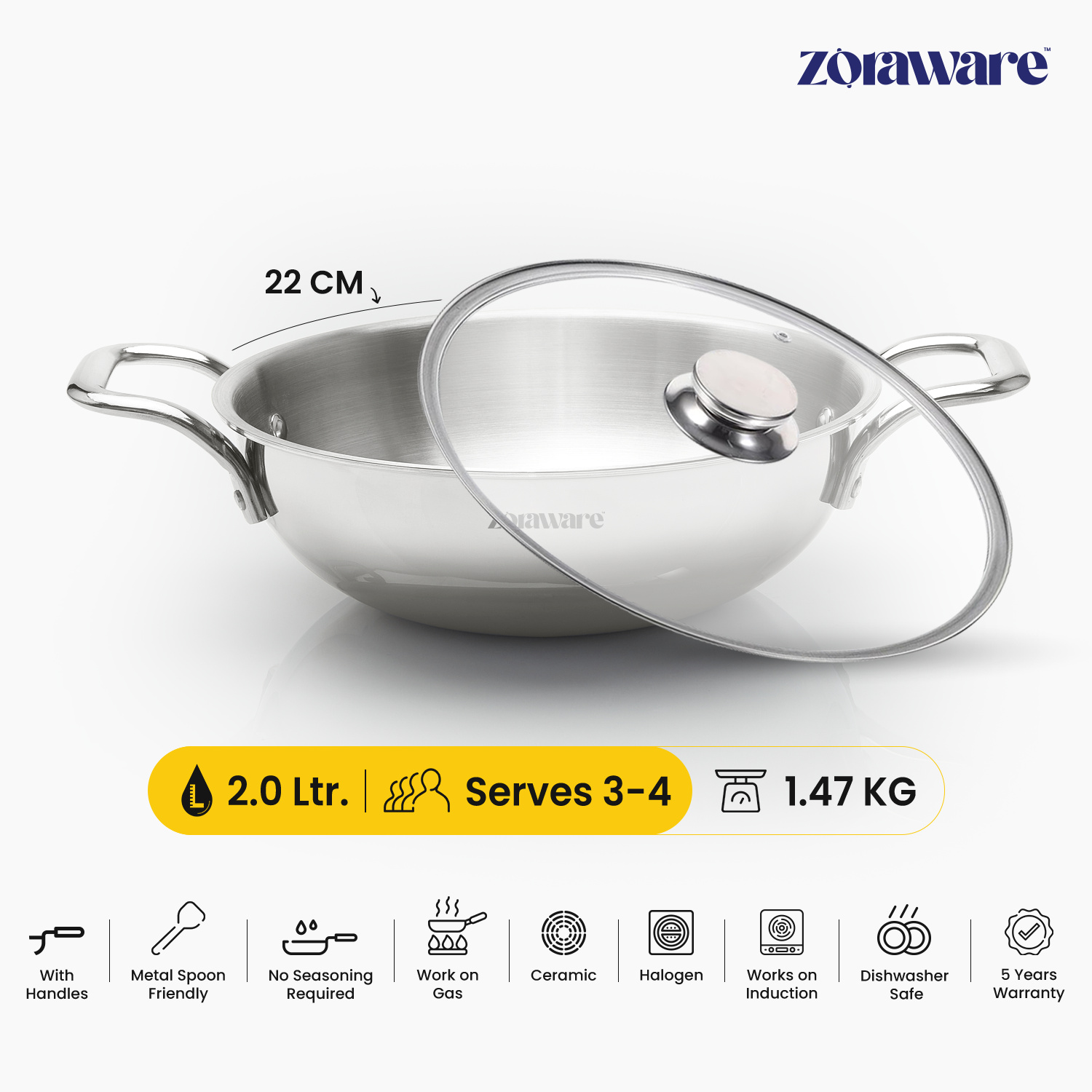 Triply Stainless Steel Kadai, Works on Induction & Gas, 5-Year Warranty