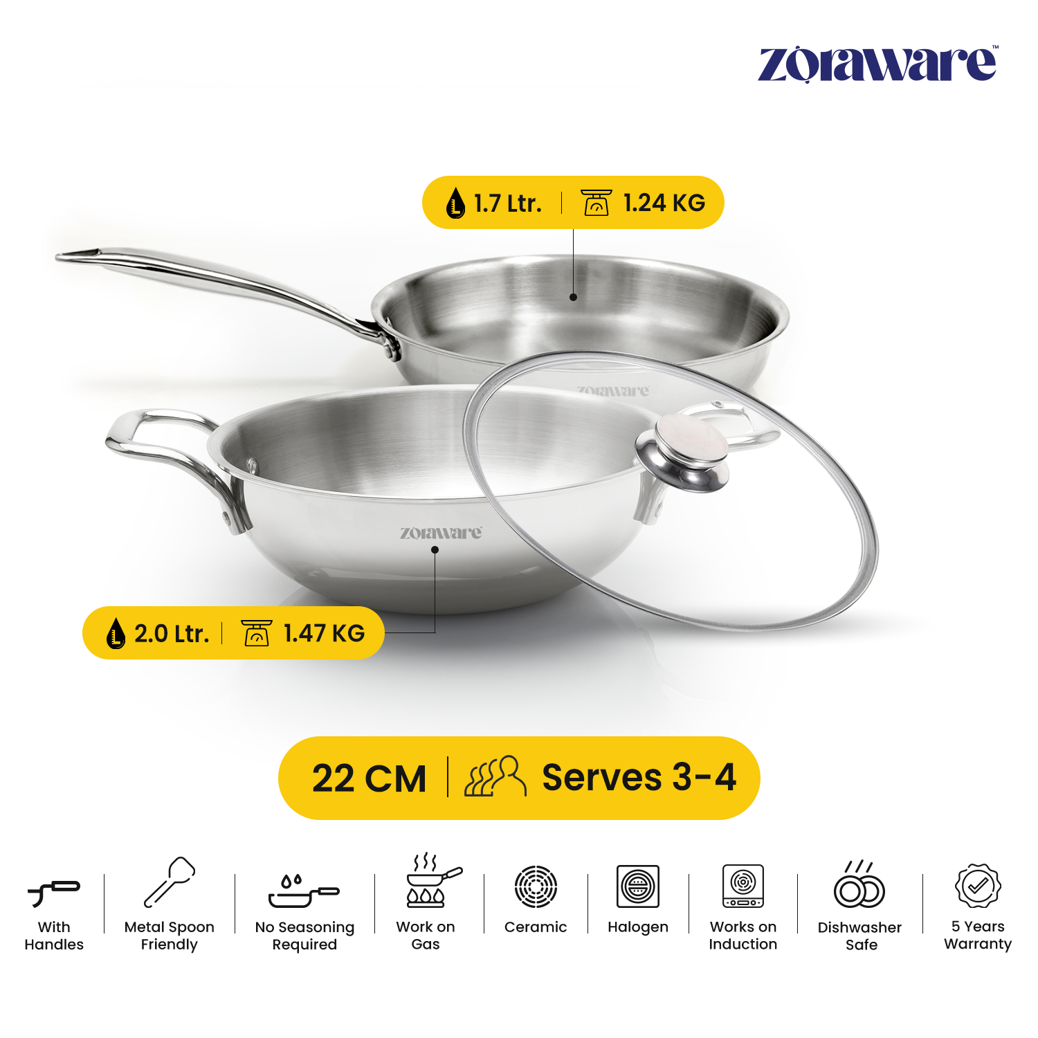 Triply 3 Pcs Kadai - Fry Pan Cookware Set l Induction Compatible l 5 Year Warranty l Free Tadka Pan worth ₹699