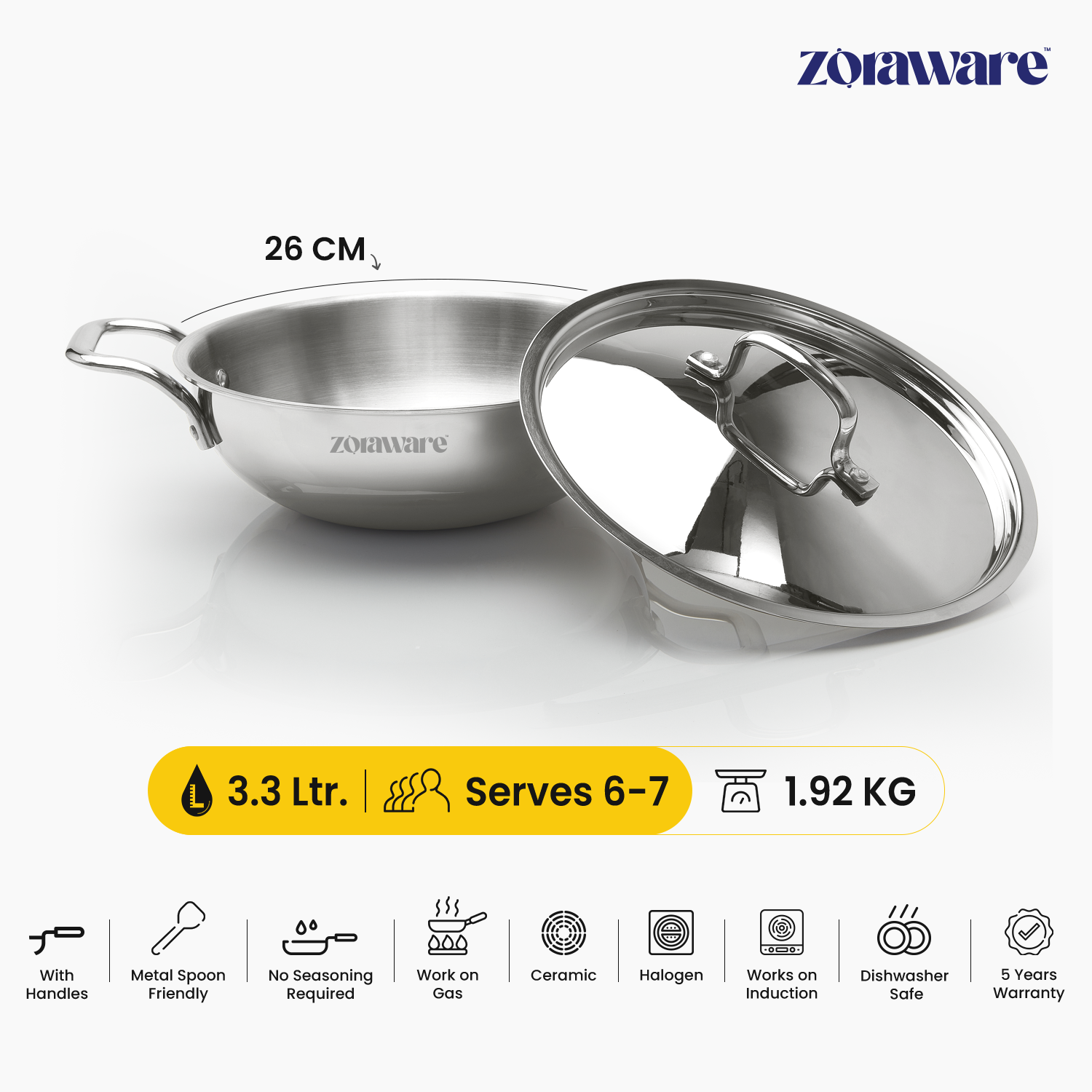 Triply Stainless Steel Kadai, Works on Induction & Gas, 5-Year Warranty