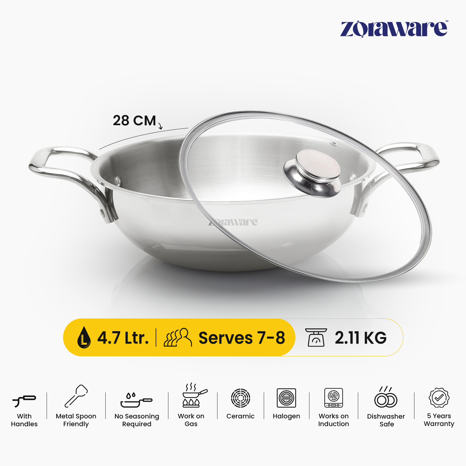 Triply Stainless Steel Kadai, Works on Induction & Gas, 5-Year Warranty