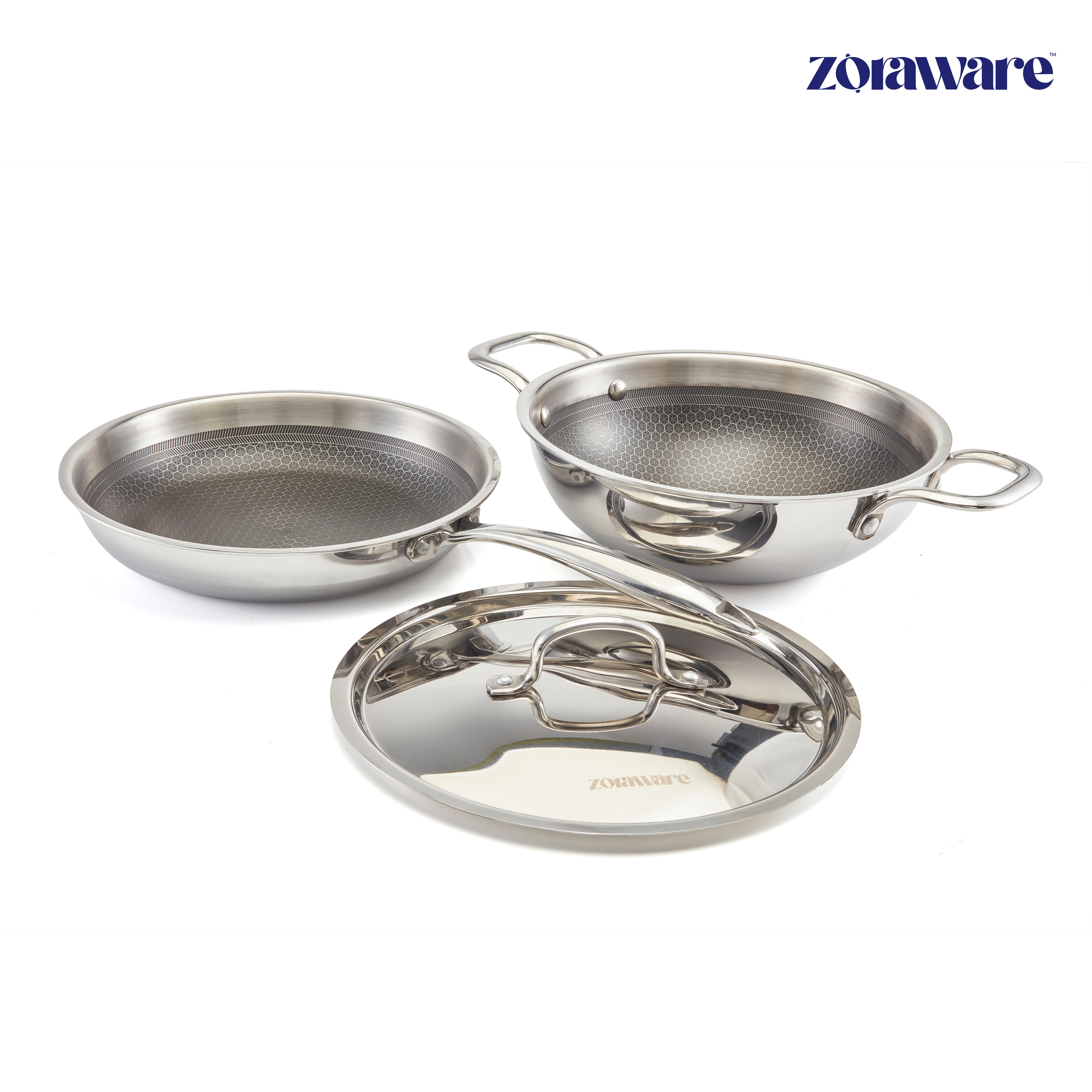 Honey Comb Triply Kadai + Fry Pan Cookware Set with Lid (3 Pcs Set)