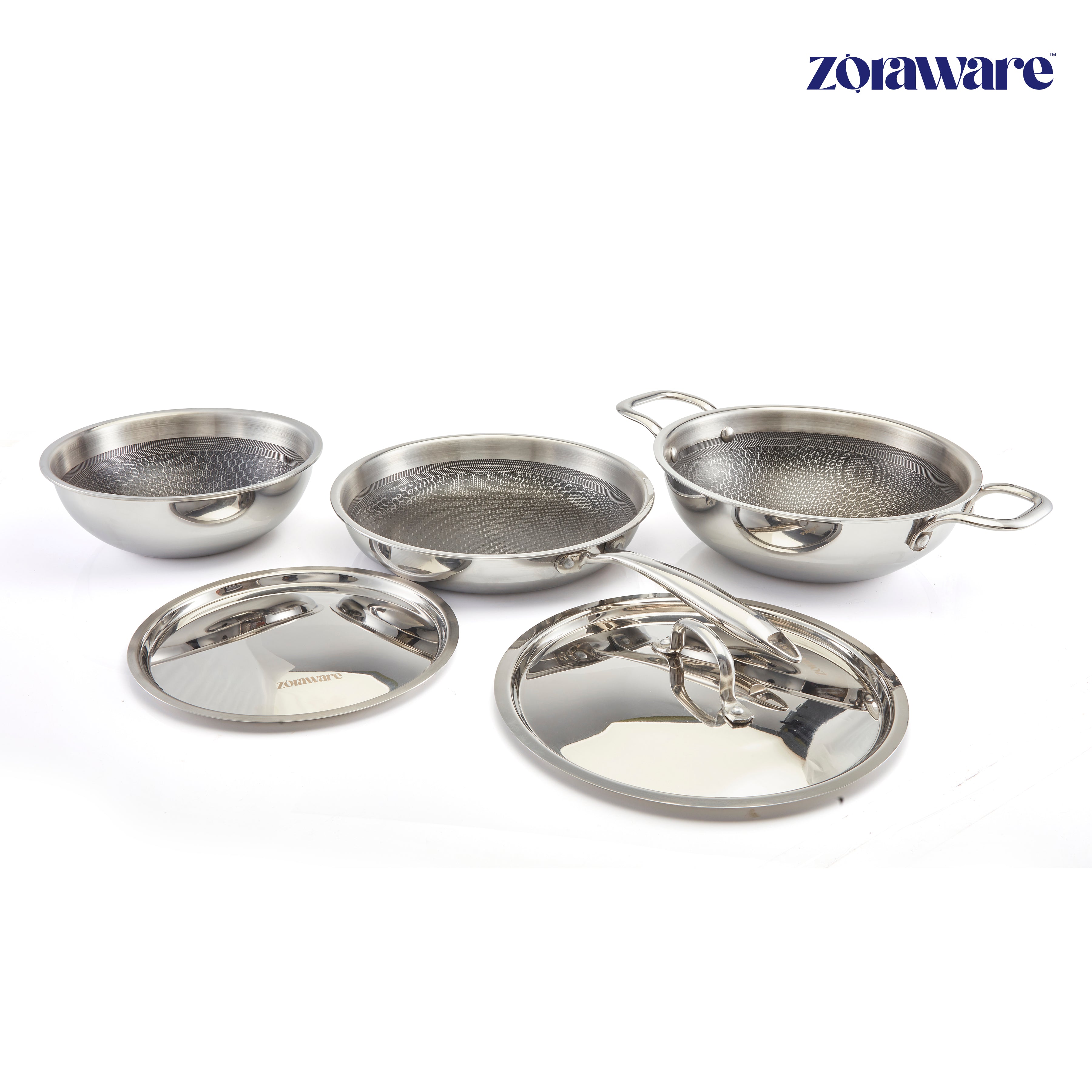 Honey Comb Triply Kadai + Fry Pan + Tasra Set with Lid (5 Pcs Set)