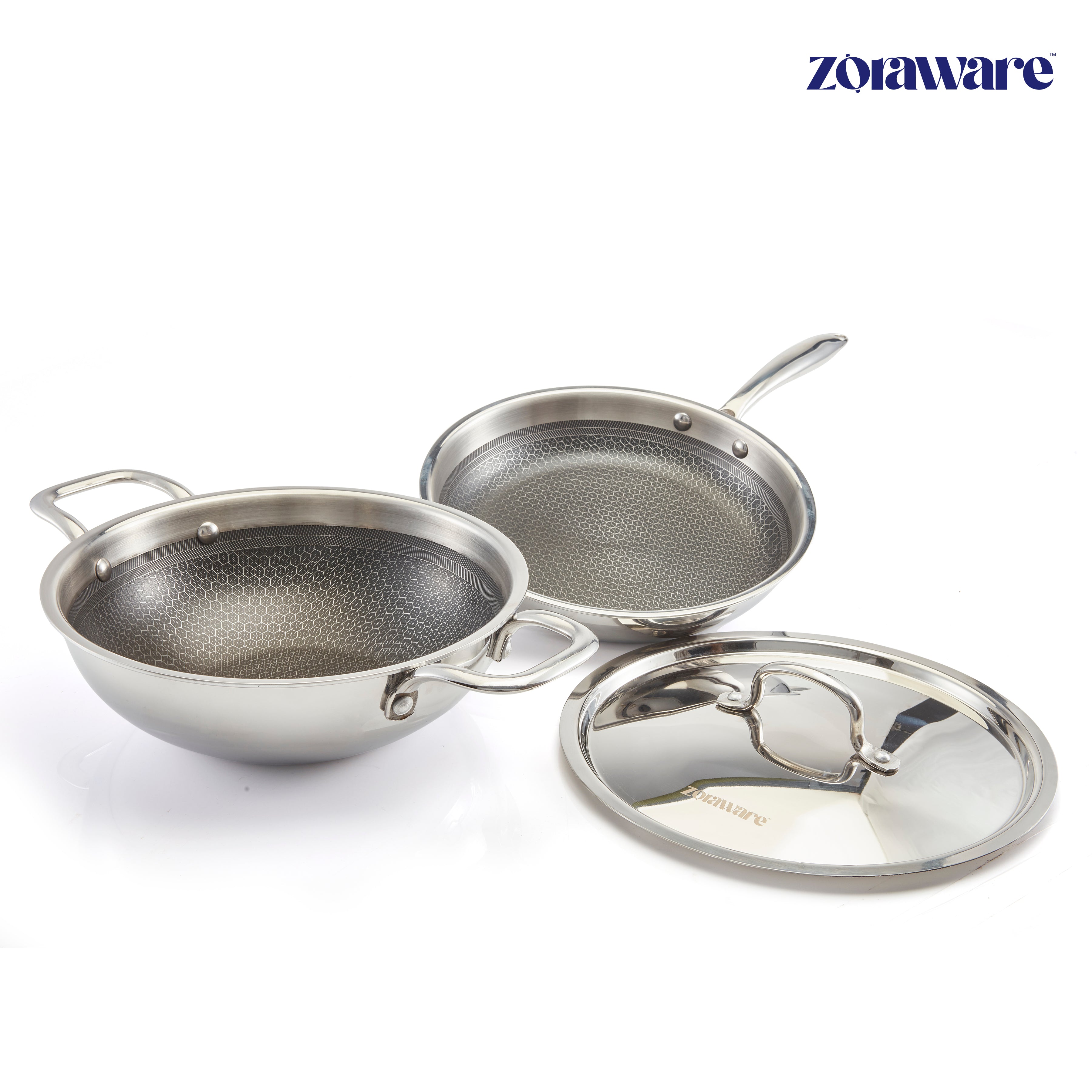 Honey Comb Triply Kadai + Fry Pan Cookware Set with Lid (3 Pcs Set)