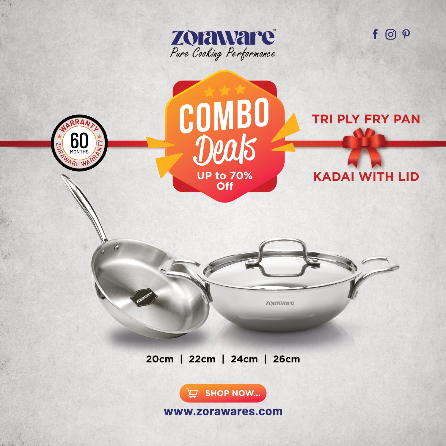 Triply 3 Pcs Kadai - Fry Pan Cookware Set l Induction Compatible l 5 Year Warranty