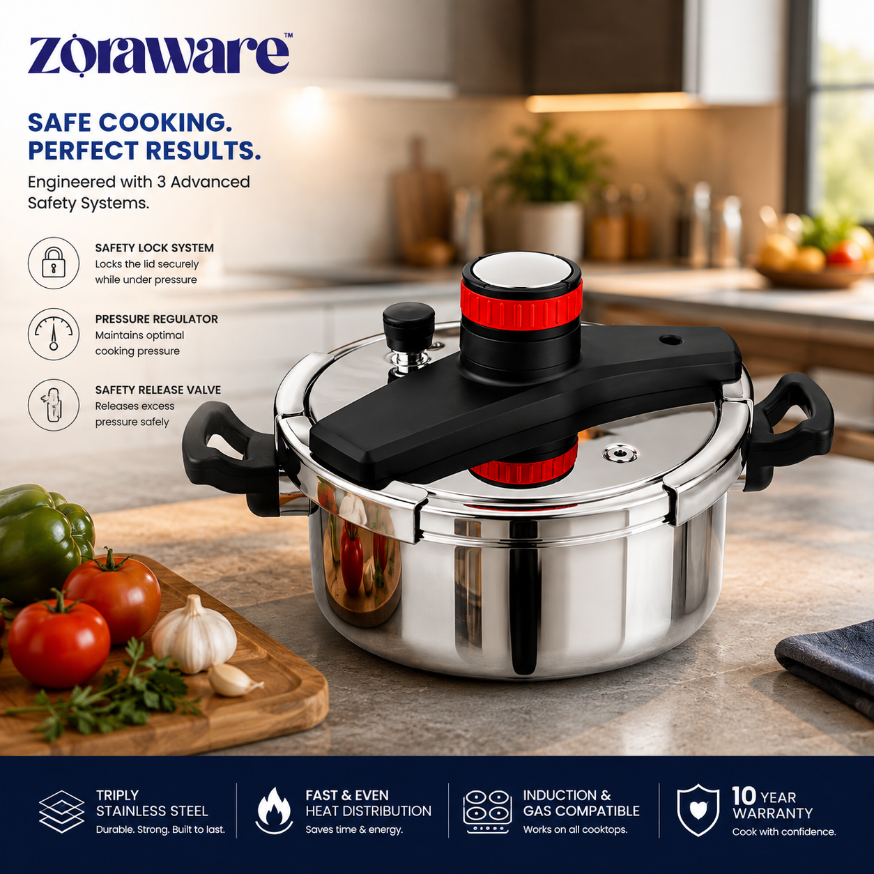Super Cuker™ Triply Stainless Steel Pressure Cooker l 3 Advanced Safety Systems l 10 Year Warranty
