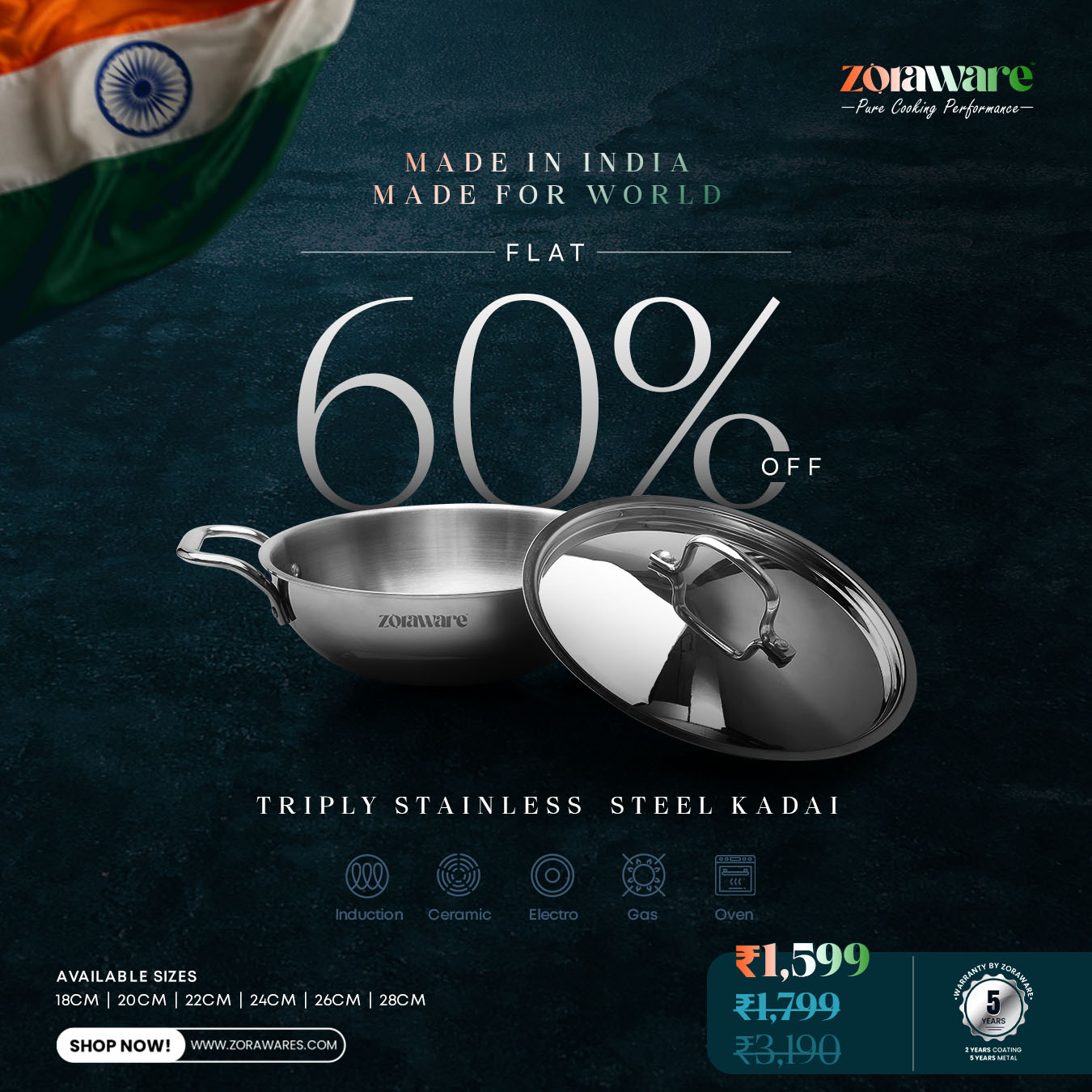 Triply Stainless Steel Kadai, Works on Induction & Gas, 5-Year Warranty