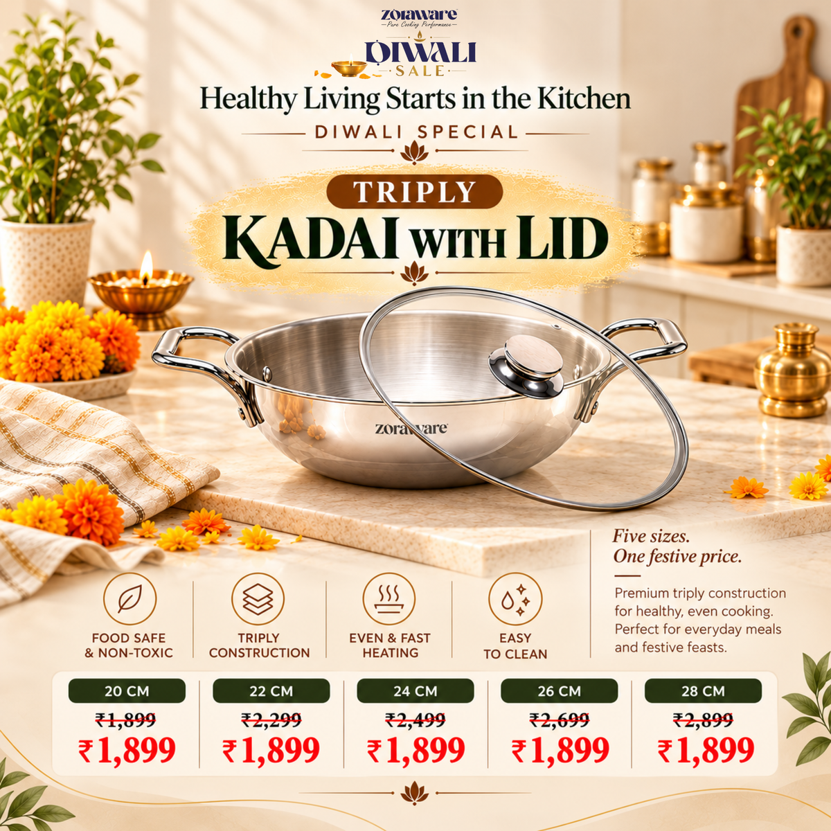 Triply Stainless Steel Kadai, Works on Induction & Gas, 5-Year Warranty