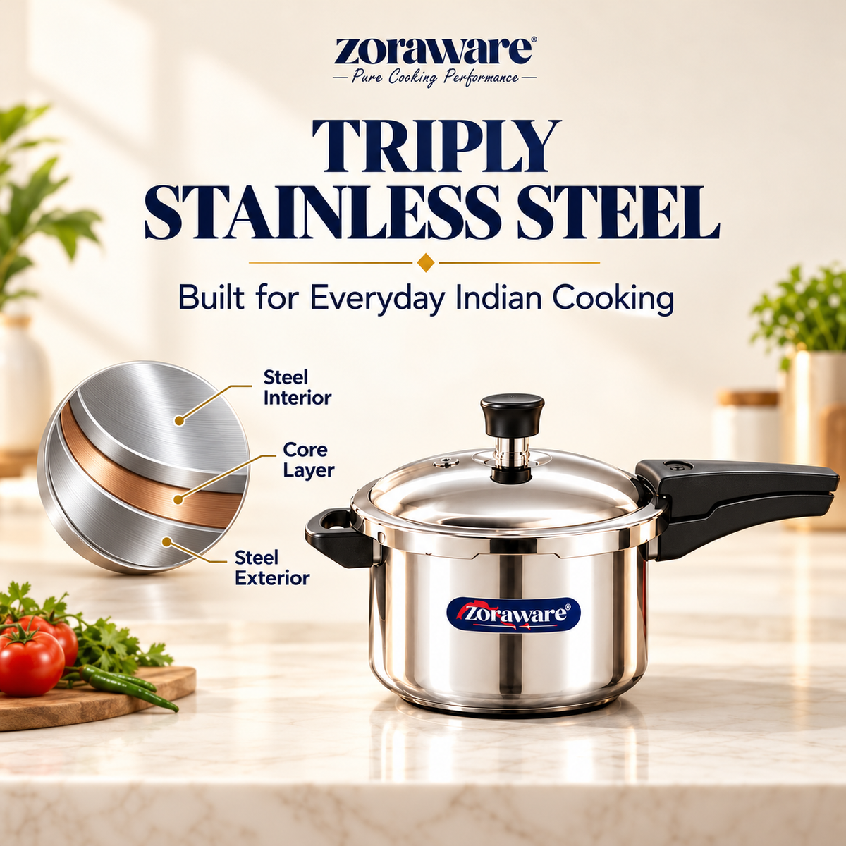 Triply Stainless Steel Pressure Cooker - Outer Lid - Induction & Gas Compatible