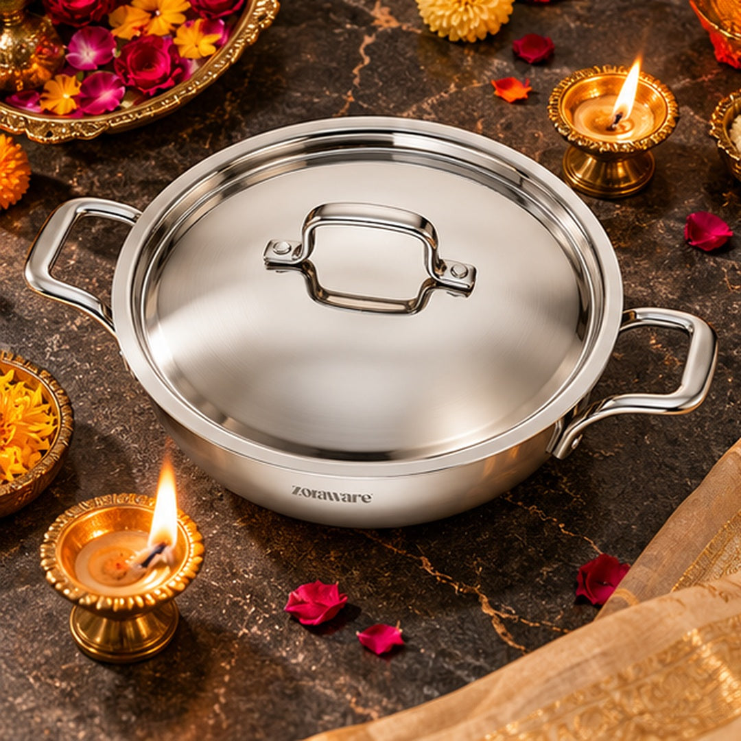 Triply Stainless Steel Kadai With Toughened Glass Lid | 26cm | 3.3L | 6–7
