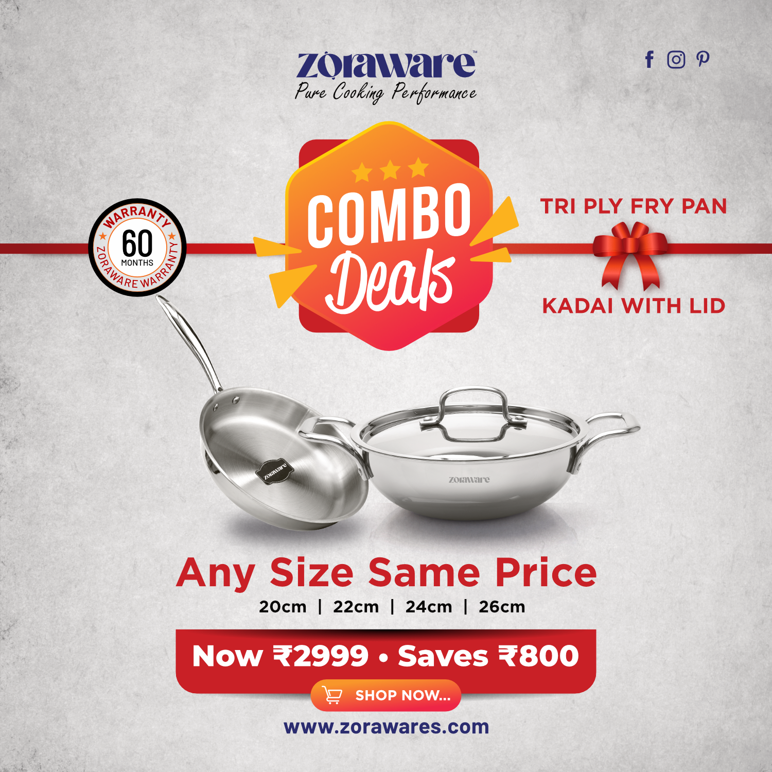Triply 3 Pcs Kadai - Fry Pan Cookware Set l Induction Compatible