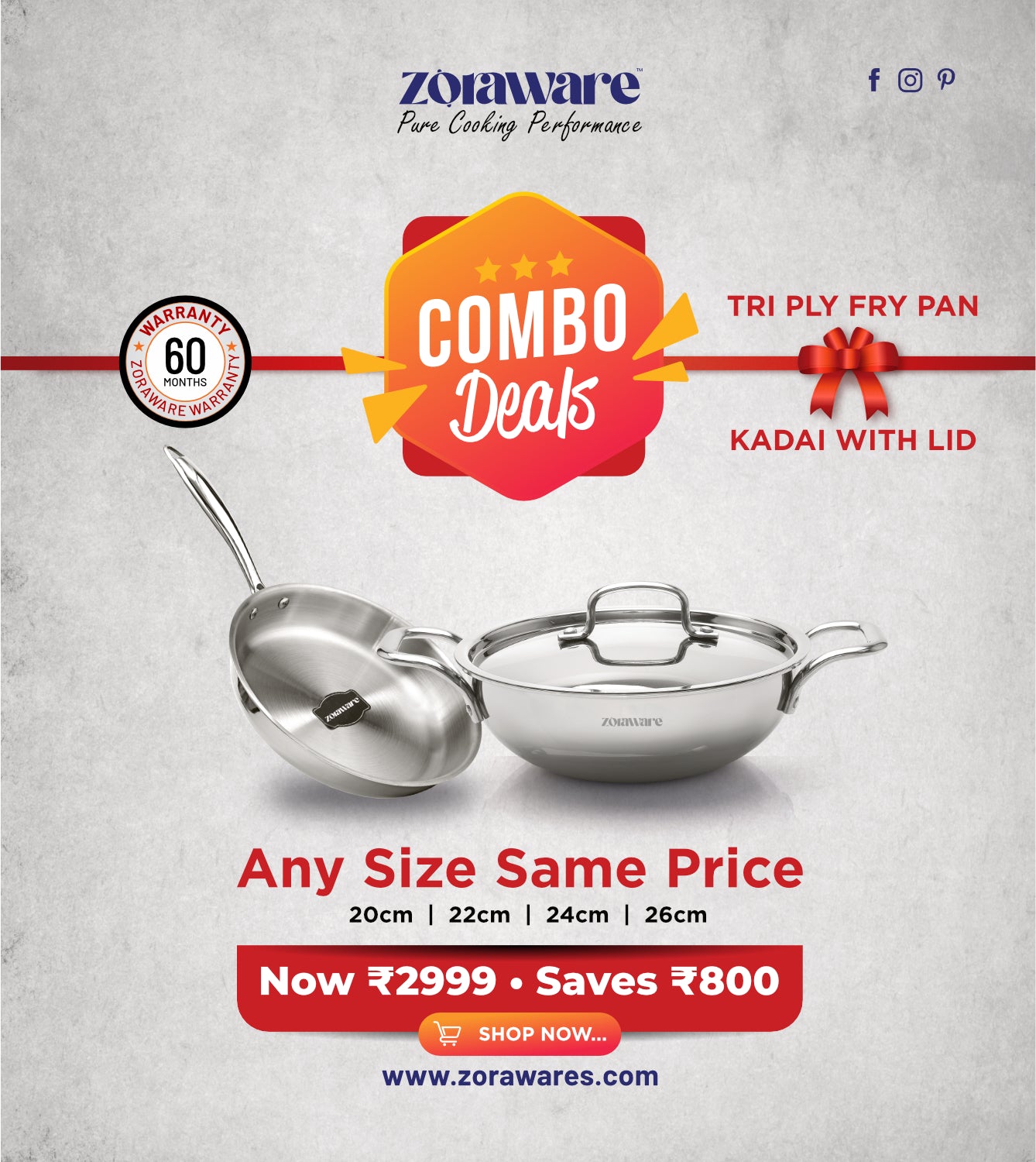 Triply 3 Pcs Kadai - Fry Pan Cookware Set l Induction Compatible l 5 Year Warranty l Free Tadka Pan worth ₹699