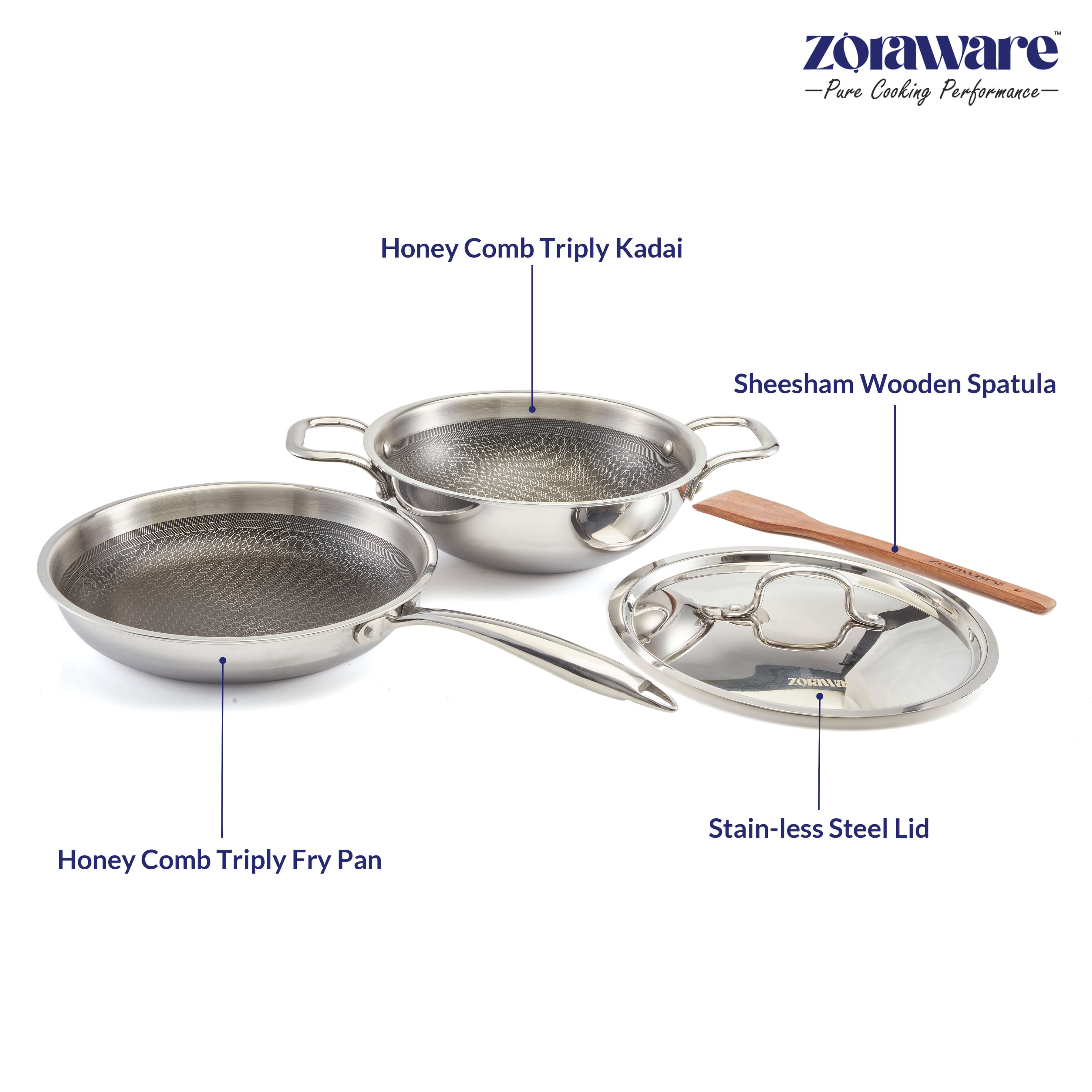 Honey Comb Triply Kadai + Fry Pan Cookware Set with Lid (3 Pcs Set)