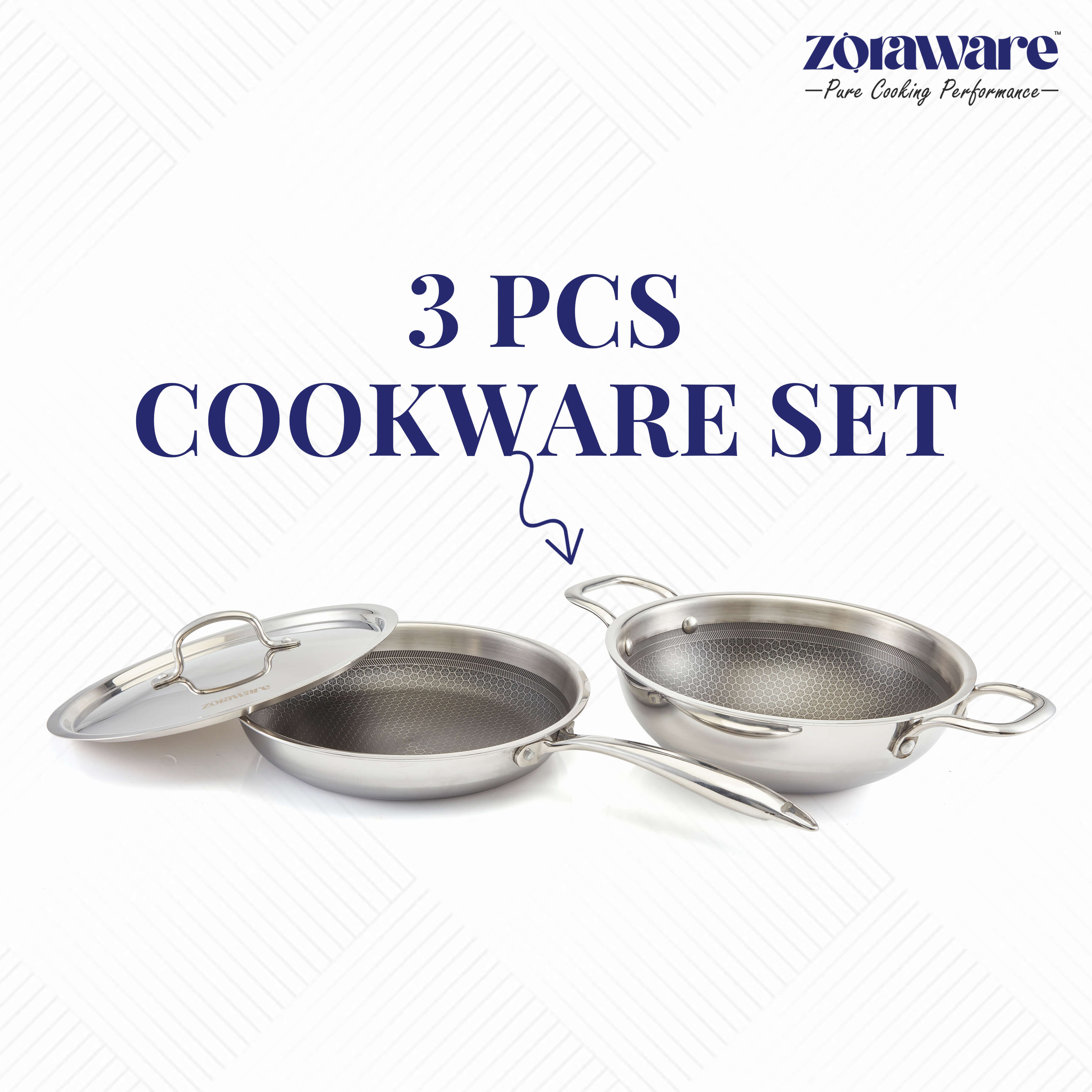 Honey Comb Triply Kadai + Fry Pan Cookware Set with Lid (3 Pcs Set)