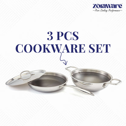 Honey Comb Triply Kadai + Fry Pan Cookware Set with Lid (3 Pcs Set)