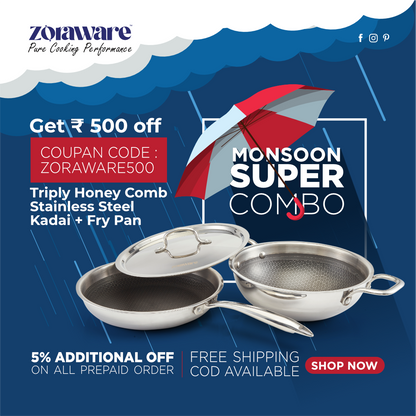 Honey Comb Triply Kadai + Fry Pan Cookware Set with Lid (3 Pcs Set)