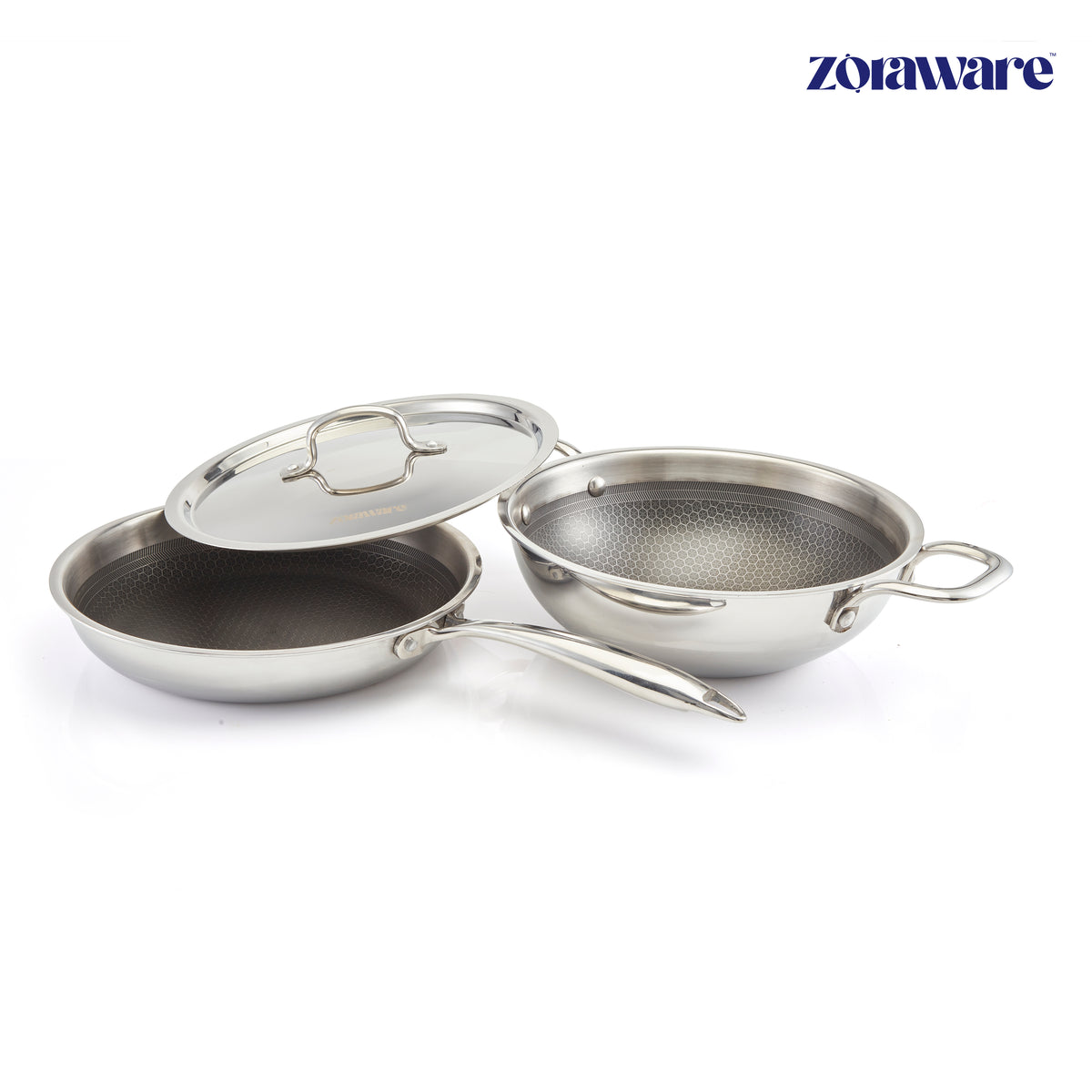 Honey Comb Triply Kadai + Fry Pan Cookware Set with Lid (3 Pcs Set)