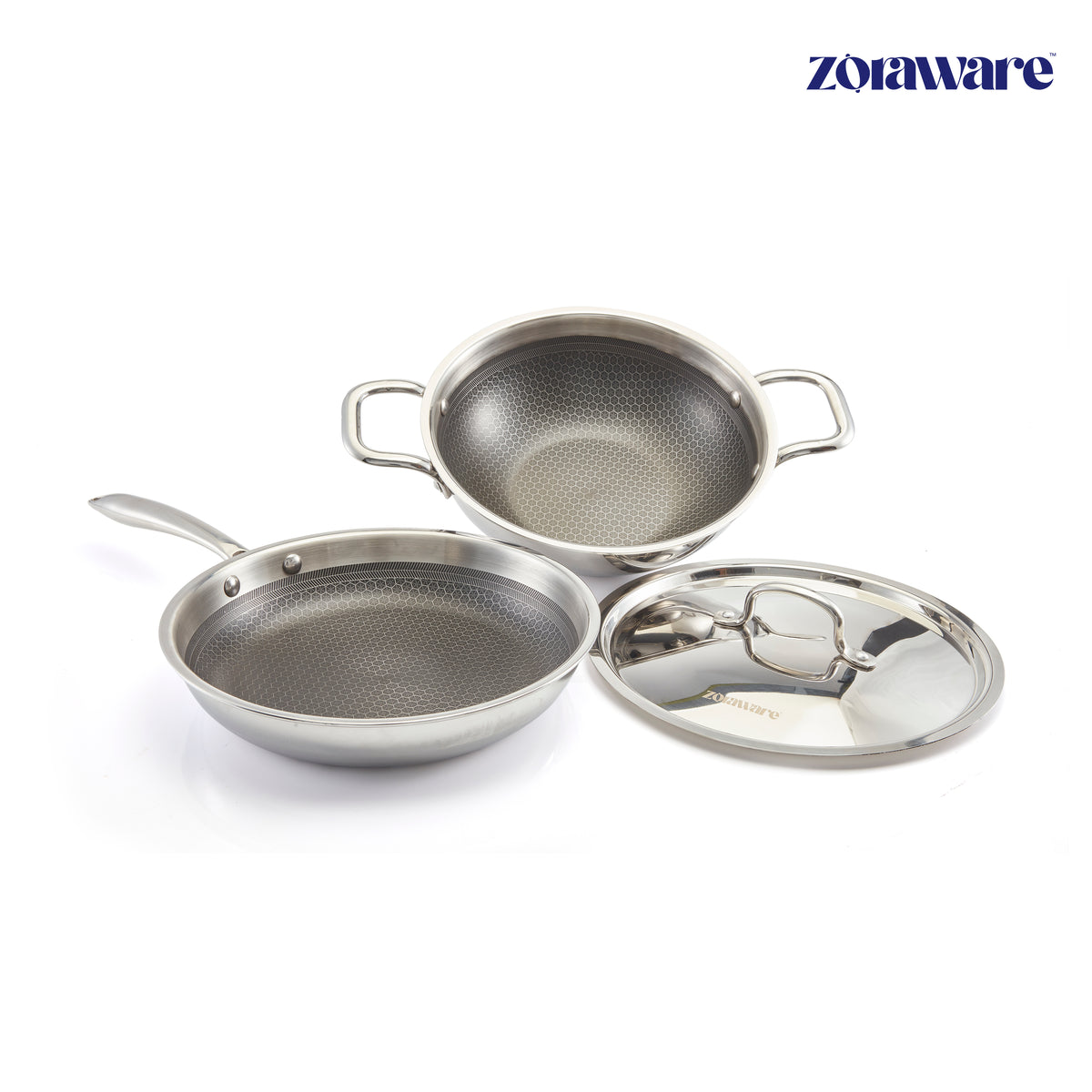 Honey Comb Triply Kadai + Fry Pan Cookware Set with Lid (3 Pcs Set)