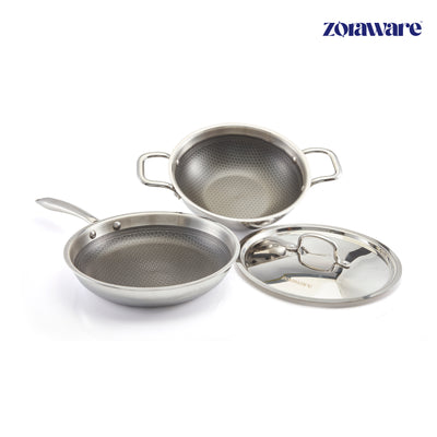 Honey Comb Triply Kadai + Fry Pan Cookware Set with Lid (3 Pcs Set)