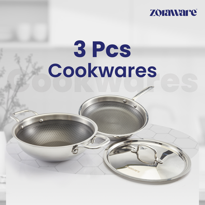 Honey Comb Triply Kadai + Fry Pan Cookware Set with Lid (3 Pcs Set)