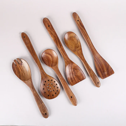 Wooden Spatula Set | Cooking & Serving Spoons | Brown | Set of 6