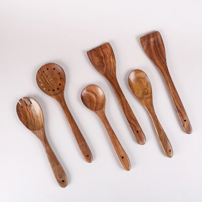 Wooden Spatula Set | Cooking & Serving Spoons | Brown | Set of 6