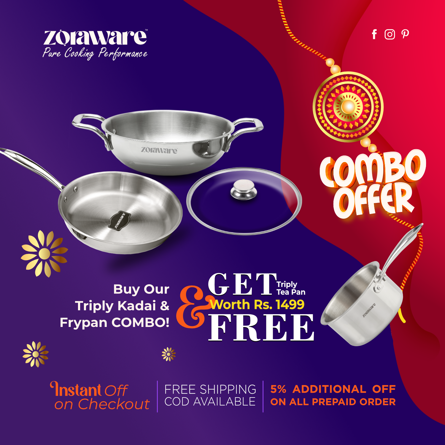 Triply 3 Pcs Kadai - Fry Pan Cookware Set l Induction Compatible l Free Saucepan 1650ml
