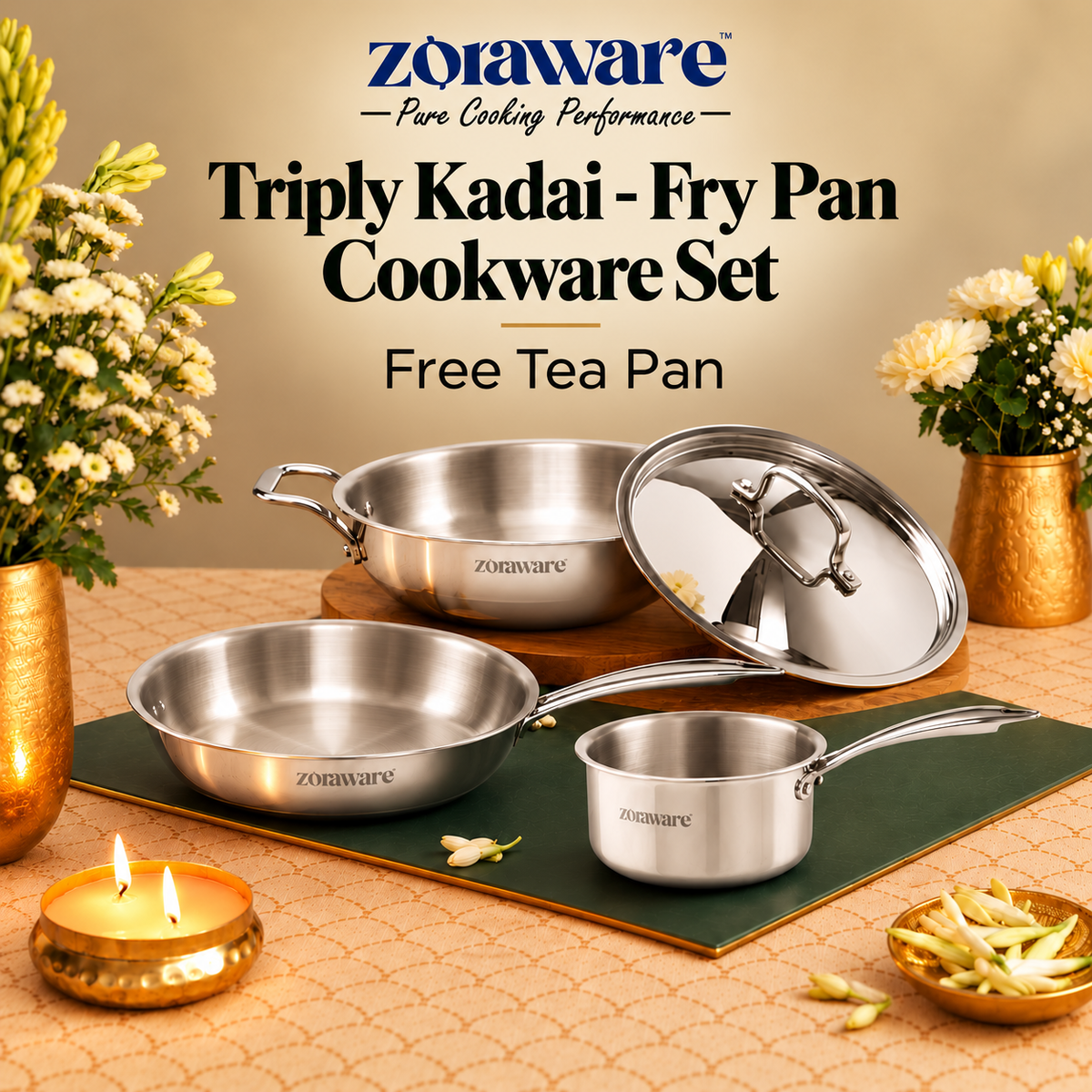 Triply Kadai - Fry Pan Cookware Set l Induction Compatible l 5 Year Warranty l Free Tea Pan