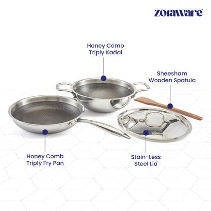 Honey Comb Triply Kadai + Fry Pan Cookware Set with Lid (3 Pcs Set)