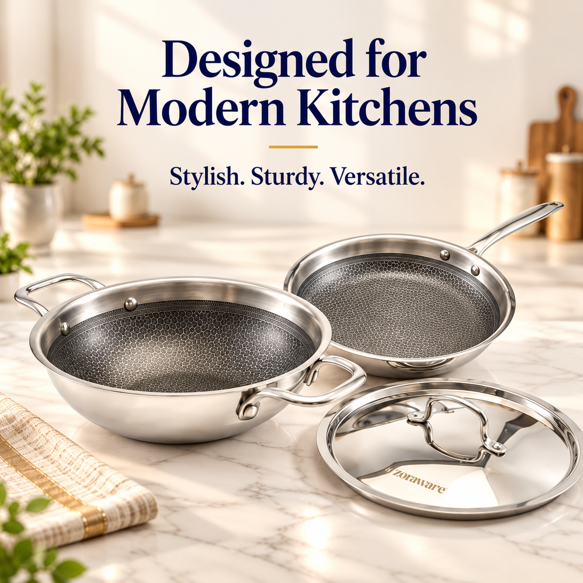 Honey Comb Triply Kadai + Fry Pan Cookware Set with Lid (3 Pcs Set)