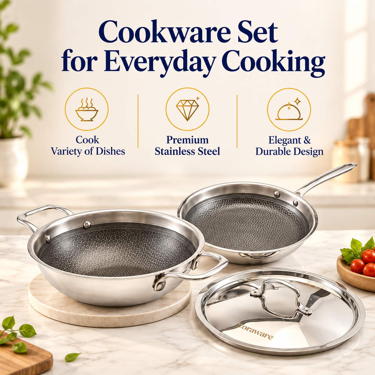 Honey Comb Triply Kadai + Fry Pan Cookware Set with Lid (3 Pcs Set)