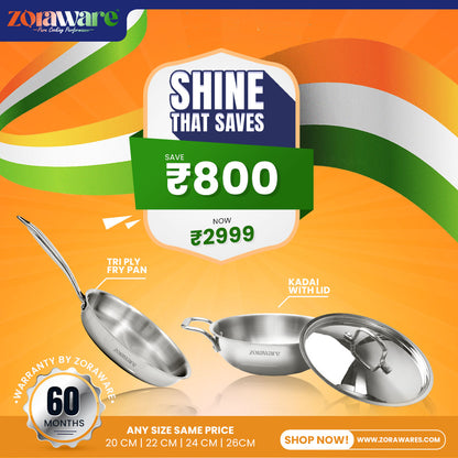 Triply 3 Pcs Kadai - Fry Pan Cookware Set l Induction Compatible l 5 Year Warranty