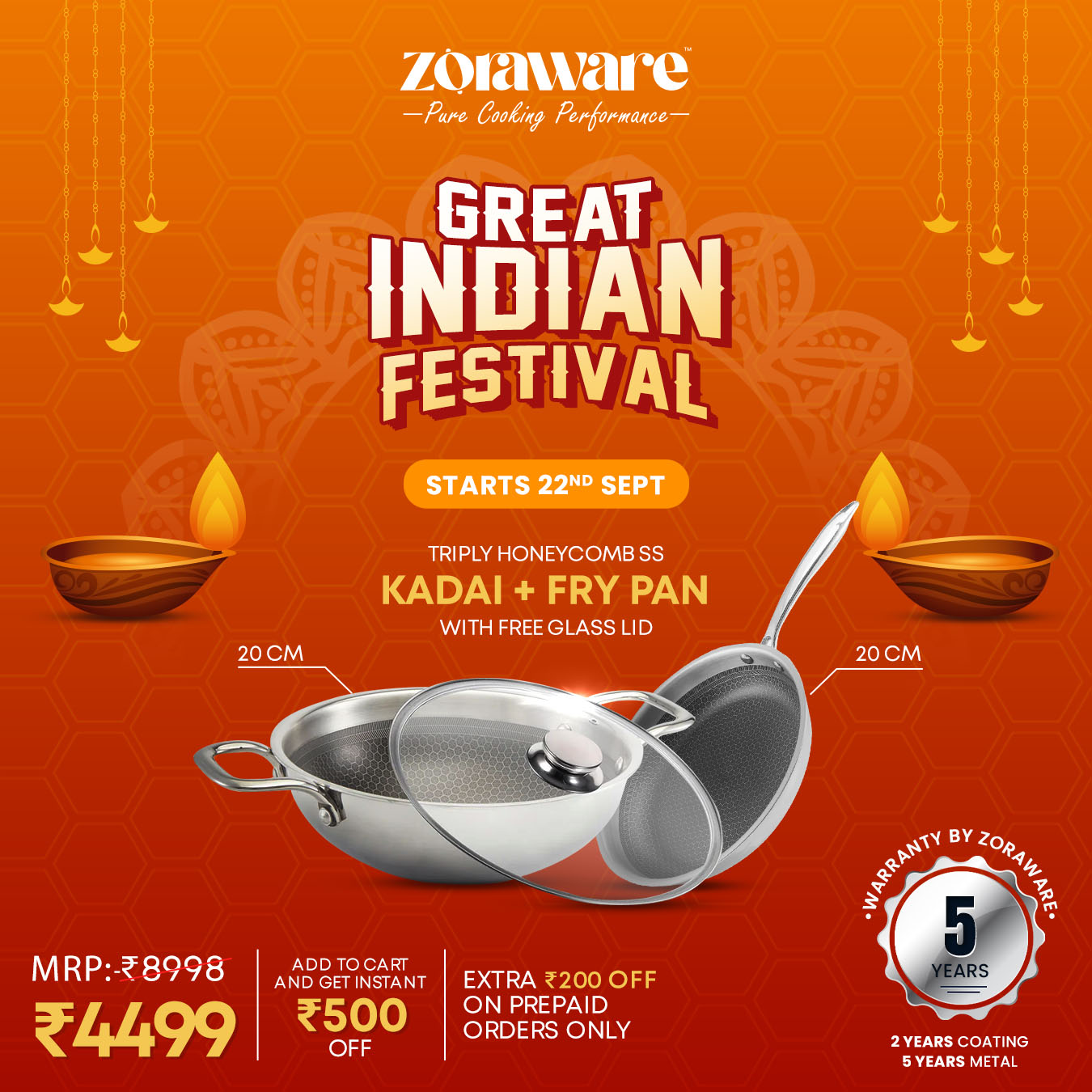 Honey Comb Triply Kadai + Fry Pan Cookware Set with Lid (3 Pcs Set)