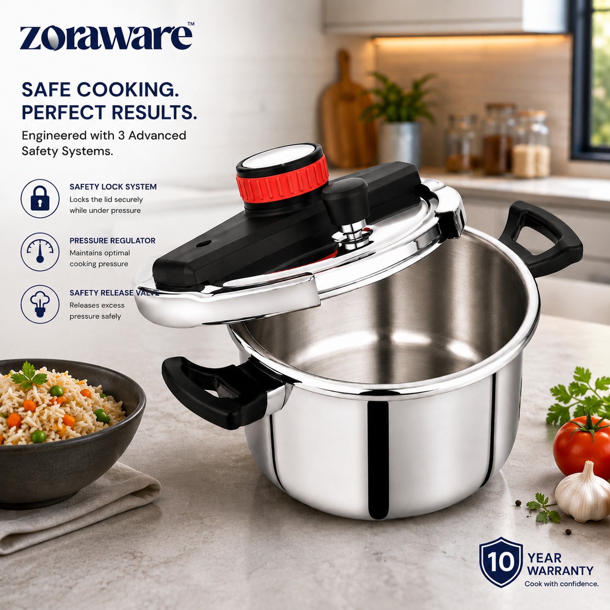 Super Cuker™  Triply Stainless Steel Pressure Cooker l 3 Advanced Safety Systems l 10 Year Warranty