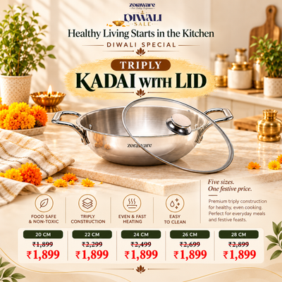 Triply Stainless Steel Kadai, Works on Induction & Gas, 5-Year Warranty