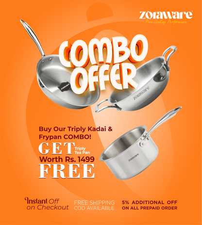 Triply 3 Pcs Kadai - Fry Pan Cookware Set l Induction Compatible l Free Saucepan 1650ml