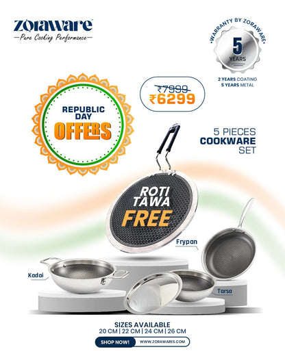 Honey Comb Triply Kadai + Fry Pan + Tasra Set with Lid (5 Pcs Set)