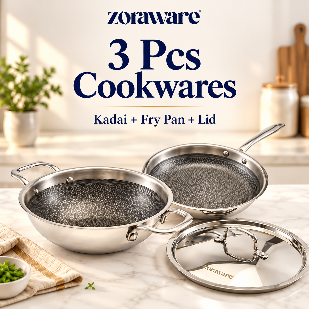 Honey Comb Triply Kadai + Fry Pan Cookware Set with Lid (3 Pcs Set)