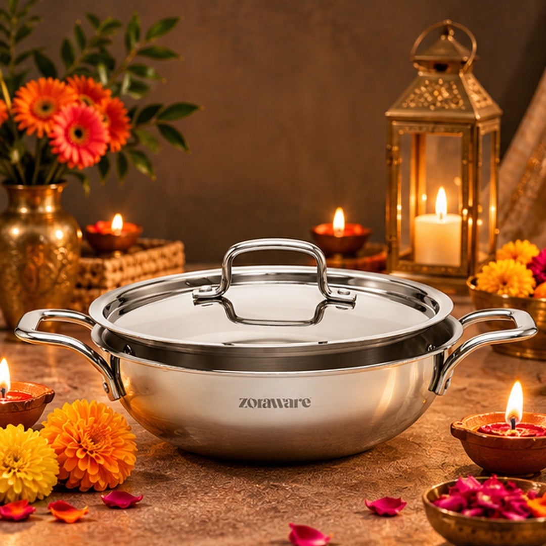 Triply Stainless Steel Kadai With Toughened Glass Lid | 26cm | 3.3L | 6–7