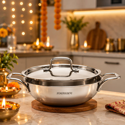 Triply Stainless Steel Kadai With Toughened Glass Lid | 26cm | 3.3L | 6–7